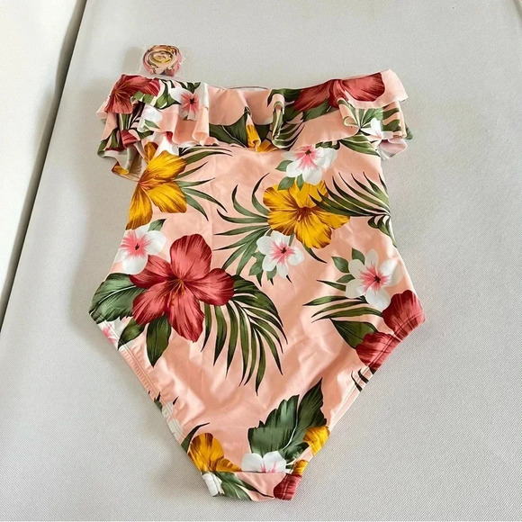 Flounce Front One Piece Swimsuit Kona Sol Hawaiian Floral Removeable Straps - Picture 5 of 15